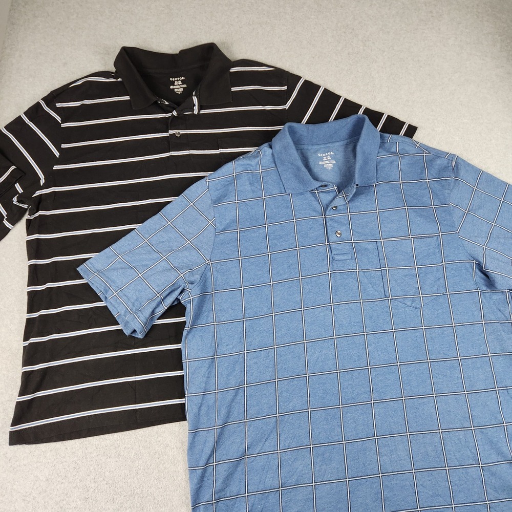 George Polo Shirt Mens XL Black Blue Striped Windowpane Short Sleeve Lot Of 2